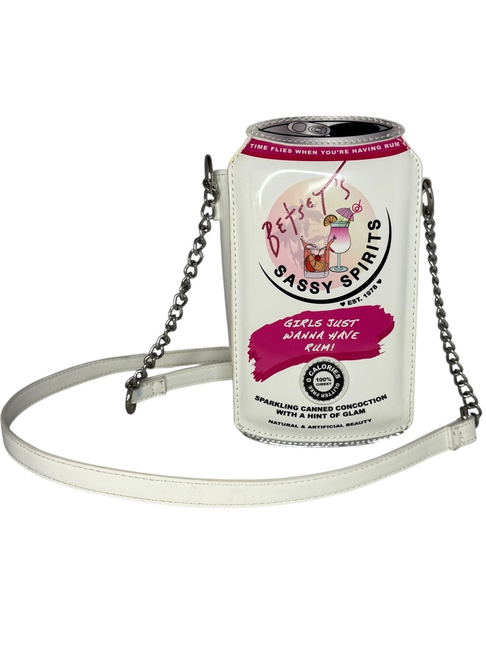 Betsey Johnson White and Pink 'Sassy Spirits' Can Crossbody Bag XO SPRITZ  Small